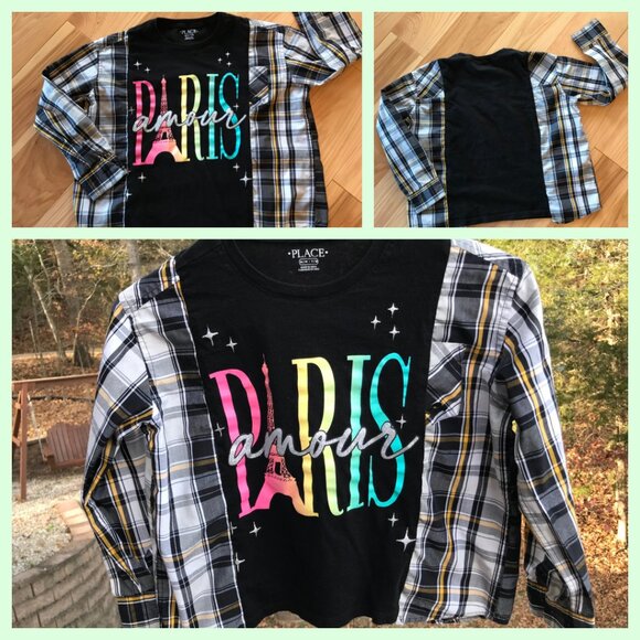 Upcycled Girl’s Cotton Plaid Tee: Oversized Paris Graphic T-Shirt, Child's 8-12 - Picture 7 of 7